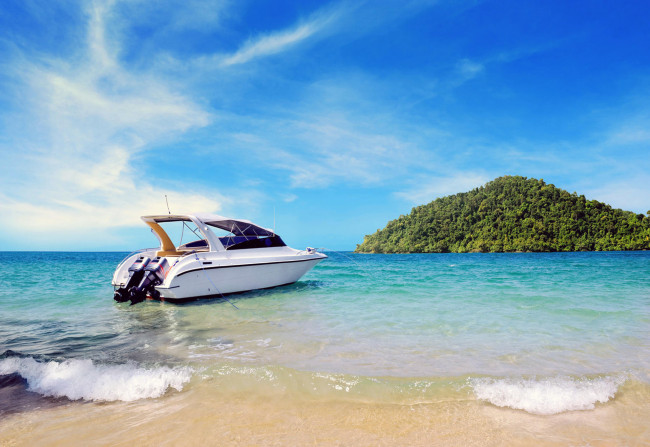 Обои картинки фото корабли, катера, лодка, море, остров