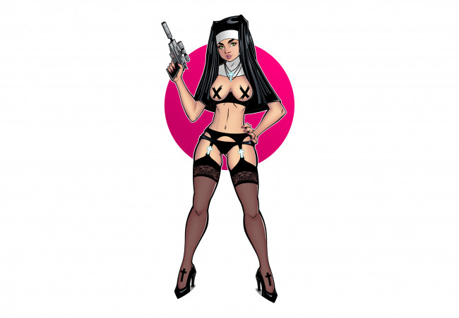 Обои картинки фото рисованное, комиксы, пистолет, униформа, взгляд, фон, девушка