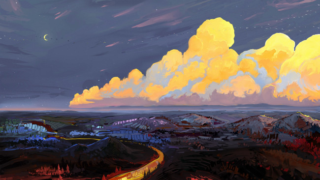 Обои картинки фото рисованное, города, небо, тучи, горы, поселение