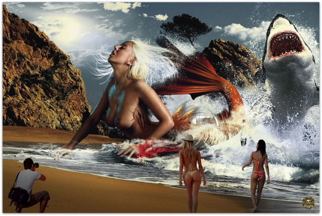 Обои картинки фото фэнтези, русалки, русалка, акула, прибой, рана, кровь, луна, берег.