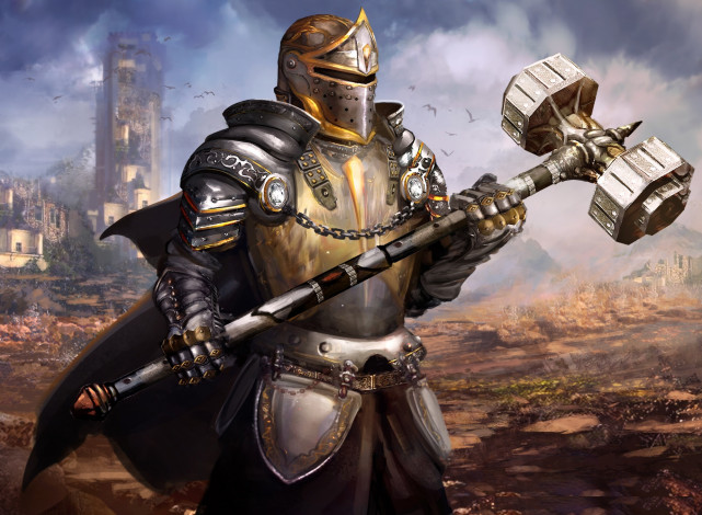 Обои картинки фото фэнтези, люди, кувалда, шлем, доспехи, арт, фантастика