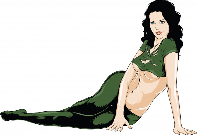 Обои картинки фото векторная графика, люди, фон, грудь, ножки, поза, волнистые, волосы, взгляд, девушка