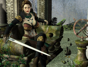 Картинка 3д+графика амазонки+ amazon скамейка фон оружие взгляд девушка