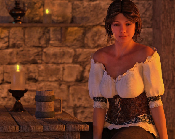 Обои картинки фото 3д графика, люди , people, свечи, взгляд, девушка, фон