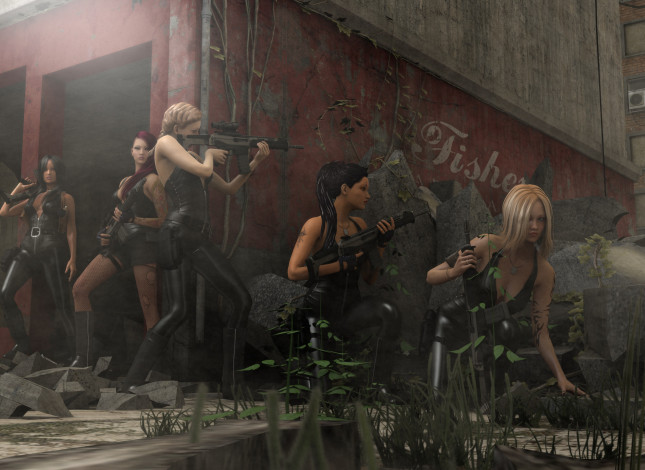 Обои картинки фото 3д графика, фантазия , fantasy, оружие, фон, взгляд, девушки