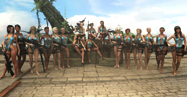 Обои картинки фото 3д графика, фантазия , fantasy, оружие, фон, взгляд, девушки