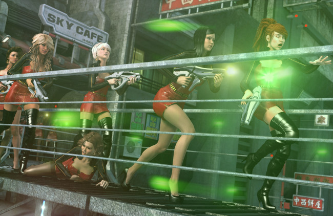 Обои картинки фото 3д графика, фантазия , fantasy, девушки, фон, оружие, взгляд