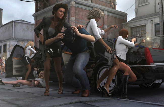 Обои картинки фото 3д графика, фантазия , fantasy, оружие, фон, взгляд, девушки