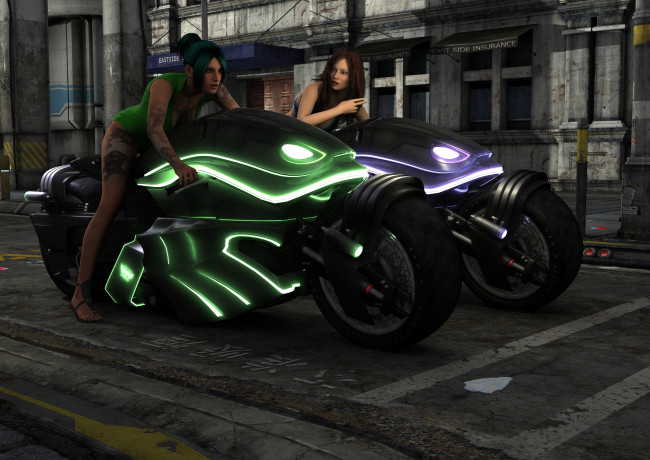 Обои картинки фото 3д графика, люди , people, взгляд, фон, девушки, мотоцикл