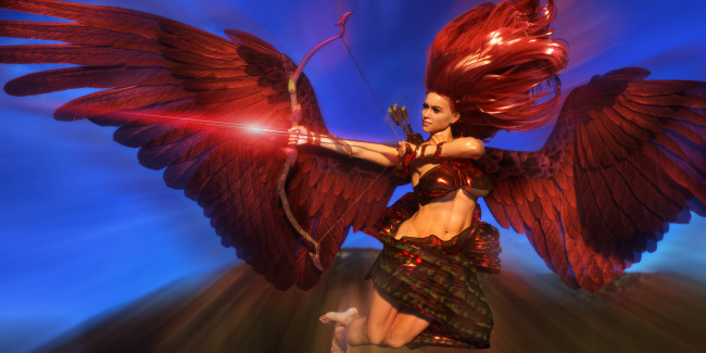 Обои картинки фото 3д графика, ангел , angel, стрела, фон, взгляд, девушка, лук, ангел