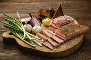 Картинка еда натюрморт чеснок сало горчица хлеб лук