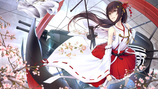 Обои картинки фото аниме, kantai collection, фон, девушка, взгляд