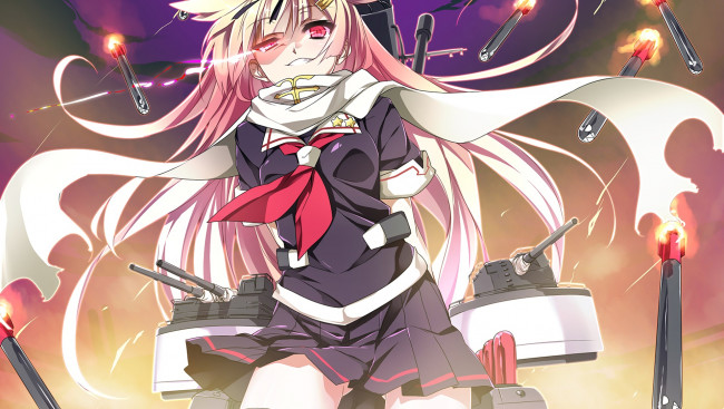 Обои картинки фото аниме, kantai collection, взгляд, девушка, фон