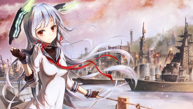 Обои картинки фото аниме, kantai collection, девушка, фон, взгляд