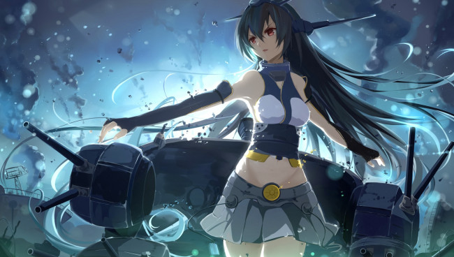 Обои картинки фото аниме, kantai collection, девушка, взгляд, фон