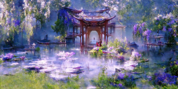 Картинка рисованное кино +мультфильмы вэй усянь лань ванцзи глициния беседка озеро