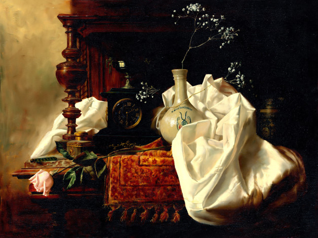 Обои картинки фото рисованное, алексей антонов, полка, часы, цветок, ткань, ваза