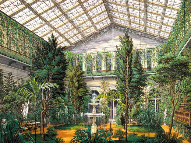 Обои картинки фото рисованное, эдуард гау, теплица, растения, сад, фонтан