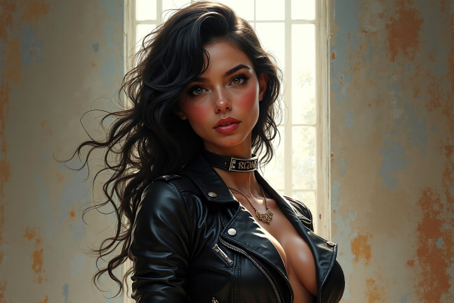 Обои картинки фото рисованное, люди, девушка, куртка, окно