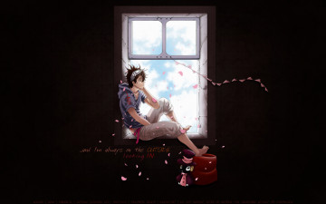 обоя аниме, karneval, пуфик, gareki, окно, лепестки, парень