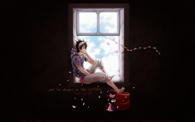 Обои картинки фото аниме, karneval, пуфик, gareki, окно, лепестки, парень
