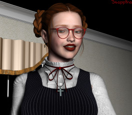 обоя 3д графика, люди , people, фон, очки, взгляд, рыжая, девушка, улыбка