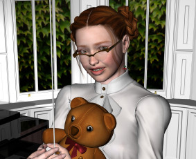 Картинка 3д+графика люди+ people девушка взгляд игрушка очки рыжая улыбка