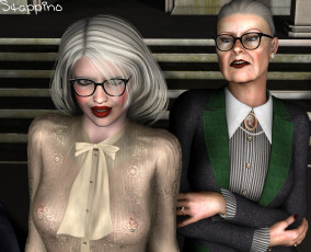 обоя 3д графика, люди , people, очки, девушка, взгляд, рыжая, старуха