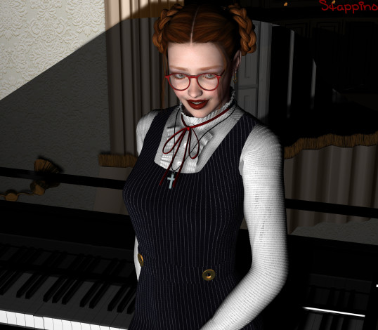 Обои картинки фото 3д графика, люди , people, фон, очки, рыжая, улыбка, взгляд, девушка