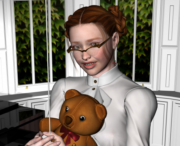 Обои картинки фото 3д графика, люди , people, девушка, взгляд, игрушка, очки, рыжая, улыбка