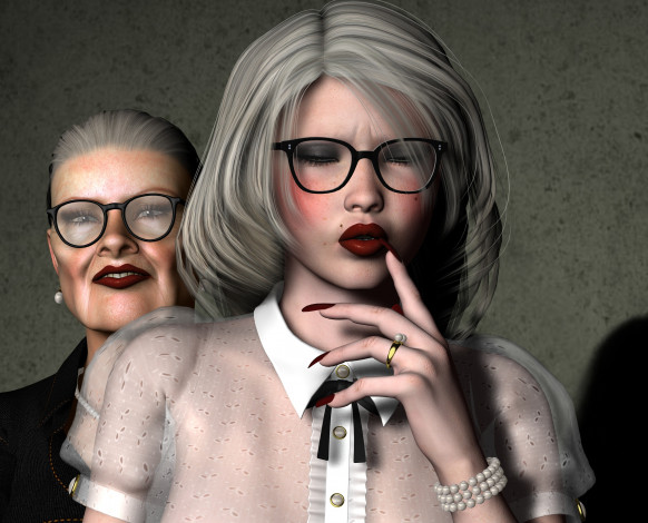 Обои картинки фото 3д графика, люди , people, старушка, фон, очки, блондинка, взгляд, девушка