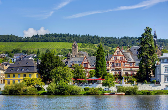 Обои картинки фото трабен-трарбах германия, города, - улицы,  площади,  набережные, дома, traben-trarbach, река, германия, трабен-трарбах, леса, набережная