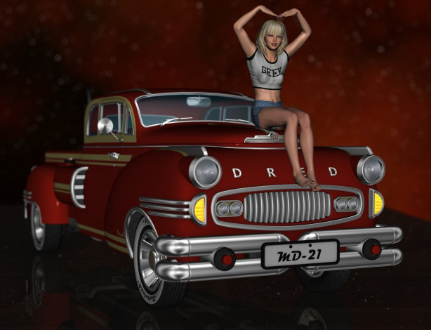Обои картинки фото автомобили, 3d car&girl, автомобиль, фон, девушка, взгляд