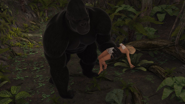 Обои картинки фото 3д графика, фантазия , fantasy, девушка, горила, фон, взгляд