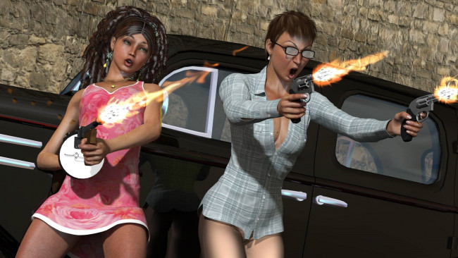 Обои картинки фото 3д графика, фантазия , fantasy, оружие, фон, девушки, взгляд