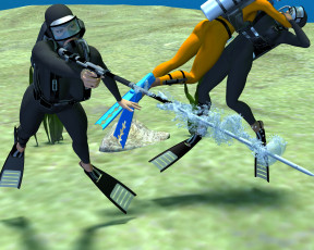 обоя 3д графика, фантазия , fantasy, взгляд, девушки, море, фон, оружие