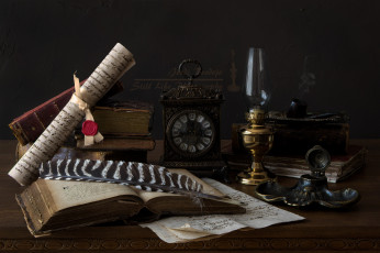 Картинка разное ретро +винтаж перо свиток часы чернильница лампа книги трубка