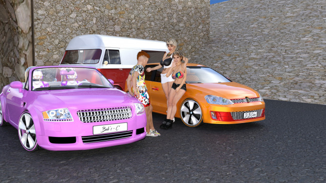 Обои картинки фото 3д графика, люди-авто, мото , people- car ,  moto, автомобиль, фон, взгляд, девушки