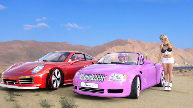 Обои картинки фото 3д графика, люди-авто, мото , people- car ,  moto, автомобиль, взгляд, фон, девушки