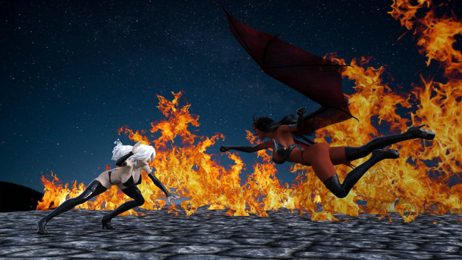 Обои картинки фото 3д графика, фантазия , fantasy, демон, фон, взгляд, девушка