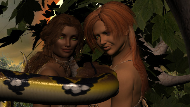 Обои картинки фото 3д графика, фантазия , fantasy, взгляд, фон, змея, девушка