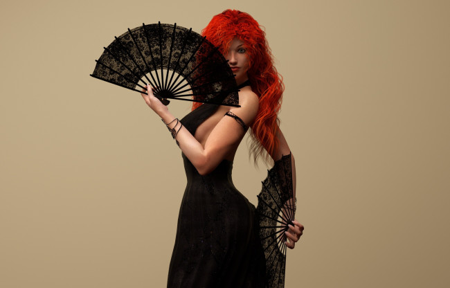 Обои картинки фото 3д графика, люди , people, рыжая, девушка, веера