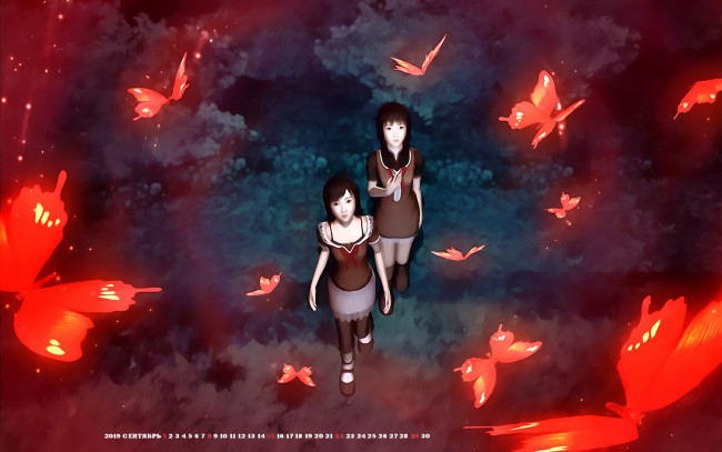 Обои картинки фото календари, видеоигры, бабочка, 2019, calendar, двое, девушка