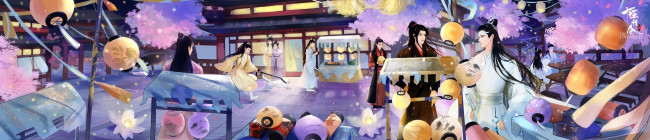 Обои картинки фото аниме, mo dao zu shi, персонажи, город, фонари