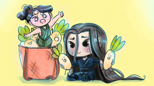 Обои картинки фото аниме, mo dao zu shi, вэнь, нин, редька, корзина, ребенок