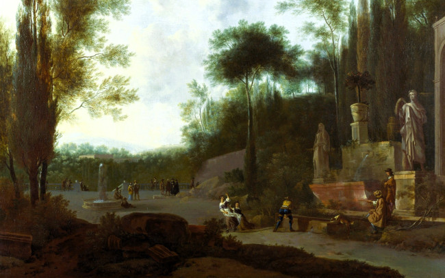 Обои картинки фото frederick de moucheron a landscape with classical ruins, рисованное, живопись, парк, деревья, люди, статуи