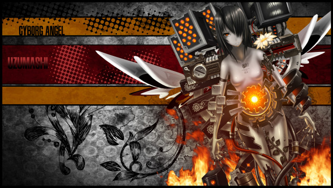 Обои картинки фото аниме, weapon, blood, technology, девушка