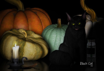 Картинка 3д графика holidays праздники кот свеча тыквы