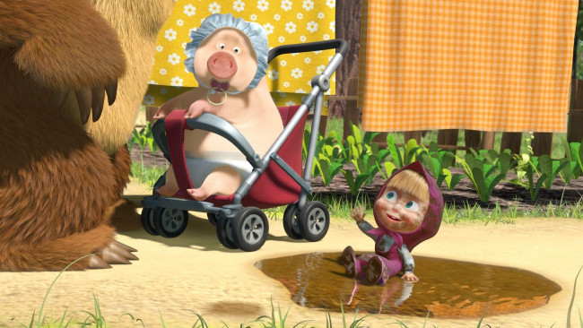 Обои картинки фото мультфильмы, маша, медведь, лужа