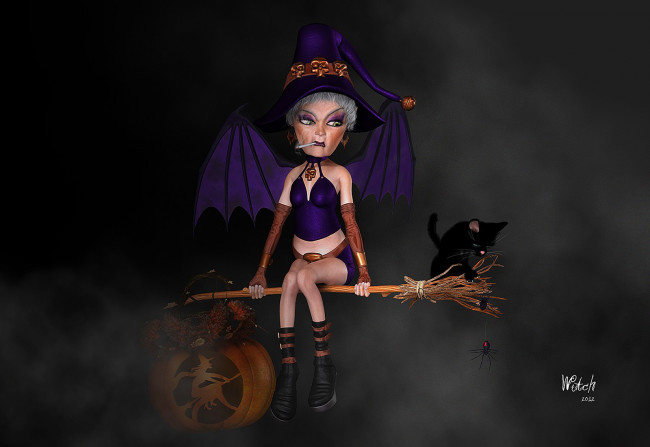 Обои картинки фото 3д, графика, holidays, праздники, тыква, кот, метла